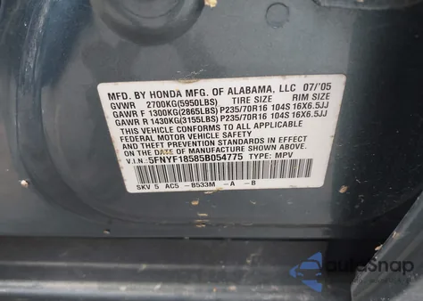 2005 Honda Pilot Ex-L из США, поврежденный, VIN 5FNYF18585B054775